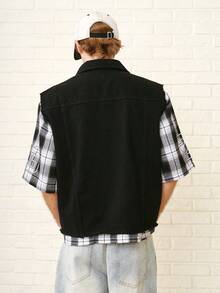 Zalmeno Áo khoác denim vest đơn hàng khuy, sờn dành cho nam - màu đen - Xem 2