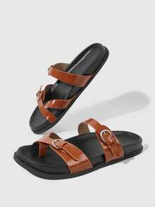 HighSole 女士春夏棕色休闲简约双字扣家居户外步行舒适平底凉鞋 - 棕色 - 查看 4