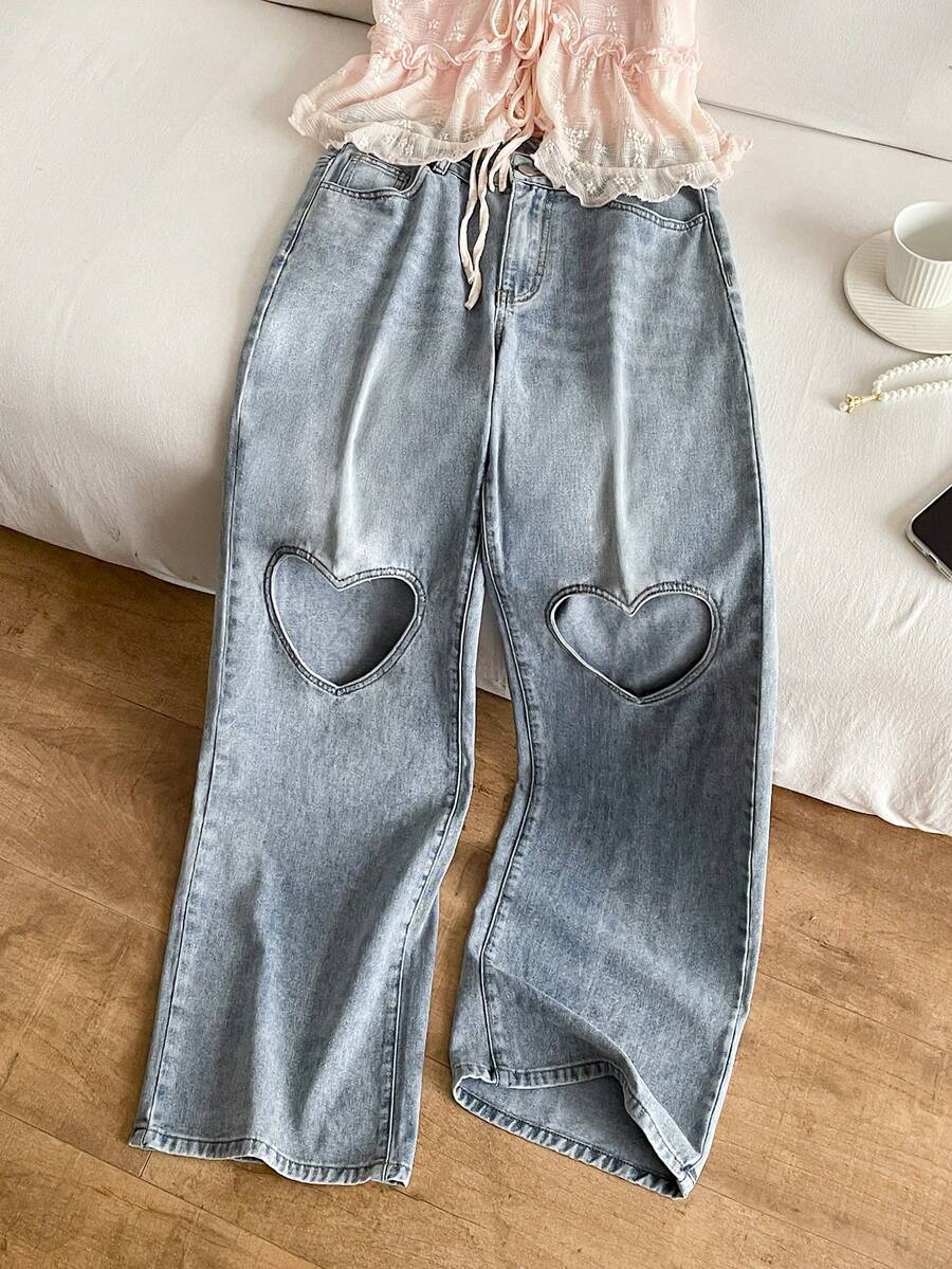 Elamini 女士心形镂空阔腿牛仔裤 - 藍色 - 查看 1