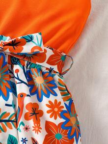 SHEIN Áo liền quần hai dây viền cong in hoa cho bé gái tuổi teen - Màu Cam cháy - Xem 7