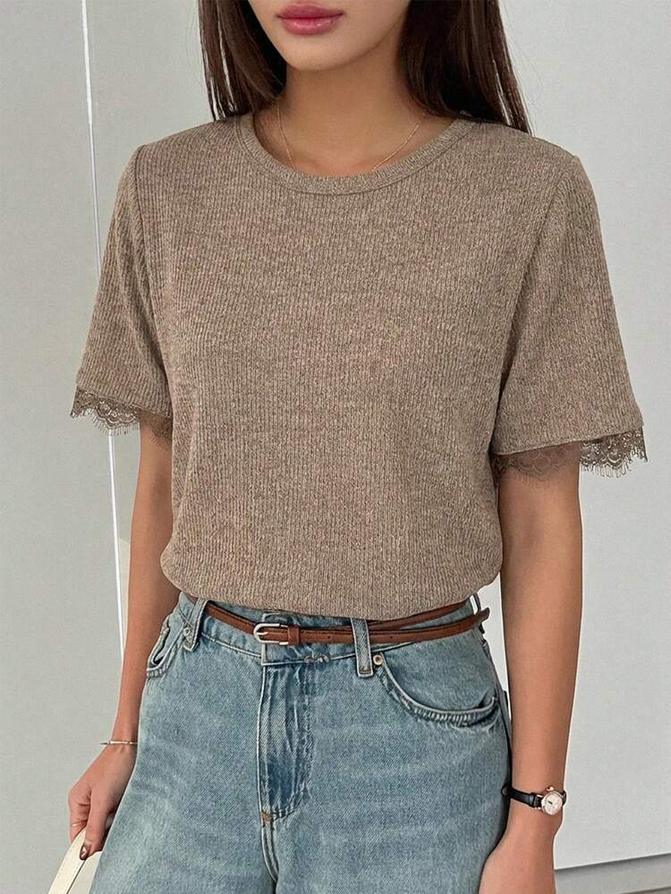 Women's Summer Round Neck Short Sleeve Lace Patchwork Casual Pullover T-Shirt