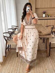 Weeklong Plus Size Retro V-Neck Short Sleeve Dress - Multicolor - View 3