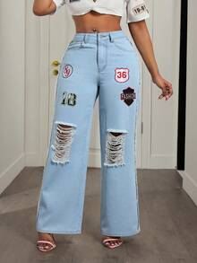 BamGleam 女士时尚口袋拉链破洞做旧牛仔裤，春夏款 - 淺色水洗藍 - 查看 4