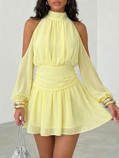 Firerie Đầm ngắn dự tiệc/hẹn hò thời trang màu trơn cổ yếm hở vai dành cho nữ