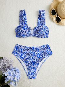 Swim Mod Springbreak Women's New Summer Random Ditsy Floral V-Neck Spaghetti Strap Sweet Floral Pattern Bikini Set - Multicolor - View 5