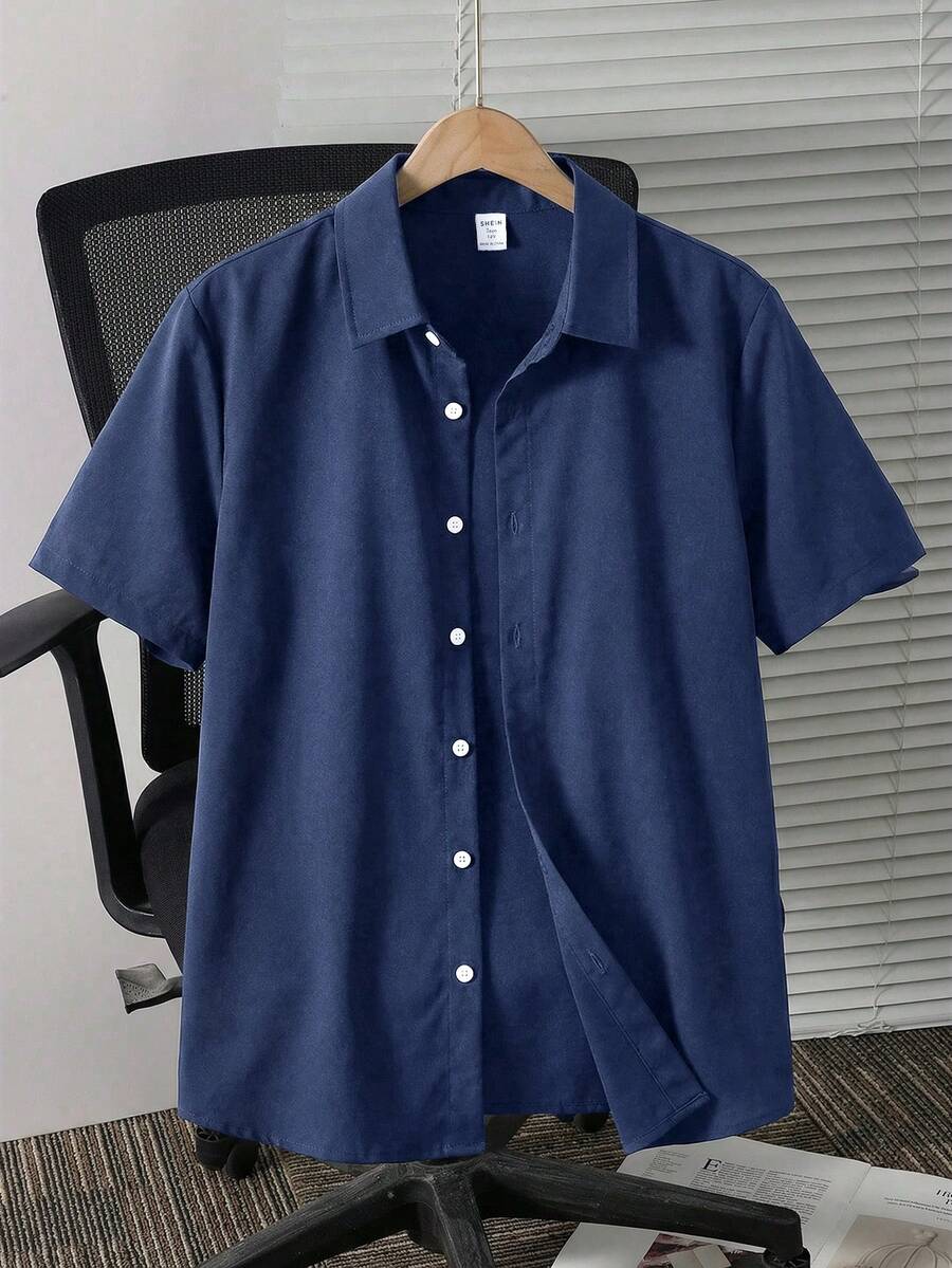 SHEIN Kemeja Lengan Pendek Polos Kasual Nyaman untuk Remaja Laki-laki, Cocok untuk Musim Semi, Musim Panas, dan Aktivitas Luar Ruangan - Navy Blue - View 1