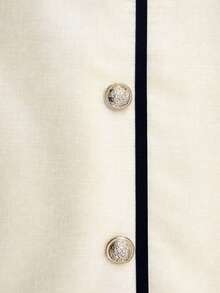 GlowEve 女士方领短袖撞色滚边开衩下摆优雅中长连衣裙，春夏款 - 杏色 - 查看 4