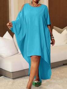 Slaydiva Robe droite à épaules dénudées et ourlet asymétrique pour grandes tailles - Bleu azur - Voir 3