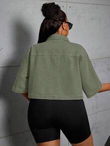 Slaydiva Plus Size Women Denim Jacket, Short, Non-Stretch, Sexy - Army Green - View 3