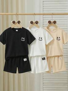 SHEIN 6件套儿童休闲简约圆领T恤短裤套装，夏季运动服，3种颜色（灰色、黑色、白色） - 彩色 - 查看 3