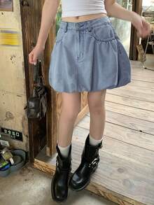DAZY 女士休闲日常牛仔荷叶边迷你裙，带口袋 - 藍色 - 查看 4