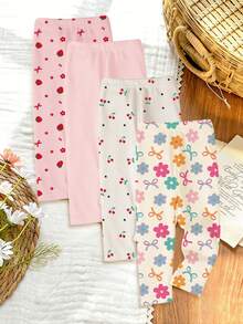 Vintaside Kids 4件套女婴纯色弹力腰带打底裤/长裤/紧身裤套装，可爱甜美的多巴胺色花朵蝴蝶结设计，草莓樱桃图案，春夏套装，春夏休闲装，儿童图案服装套装 - 彩色 - 查看 2