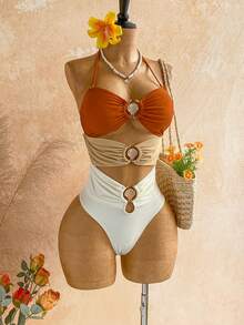 Soleia Women's Fashion Shell Metal Decor Halter Ruched One-Piece Swimsuit For Vacation Summer Beach - Multicolor - View 6
