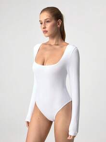 Loungeista Sexy Long Sleeve Square Neck Jumpsuit Dress, Basic Tight-Fitting Piece, Excellent Shaping Effect, Suitable For Workout, Casual Wear And Daily Activitiesfor Summer - White - View 5
