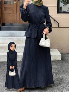 Solavon Women's Casual Solid Color Textured Long Sleeve Top And Skirt 2 Pieces Set,Unlined Sleeves, Autumn Modest Two Piece Linen Sets - Navy Blue - View 4