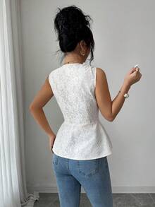Elenzga Elegant Cream White Summer Lace V-Neck Sleeveless Waist Cinched Mermaid Hem Dress,Metal Pearl Decor,Tea Party,Wedding,Formal Dinner,Commute,Vacation - White - View 2
