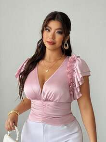 SHEIN Clasi Plus Size Romantic V-Neck Ruffle Design Blouse Gym Brown Autumn - Pink - View 6