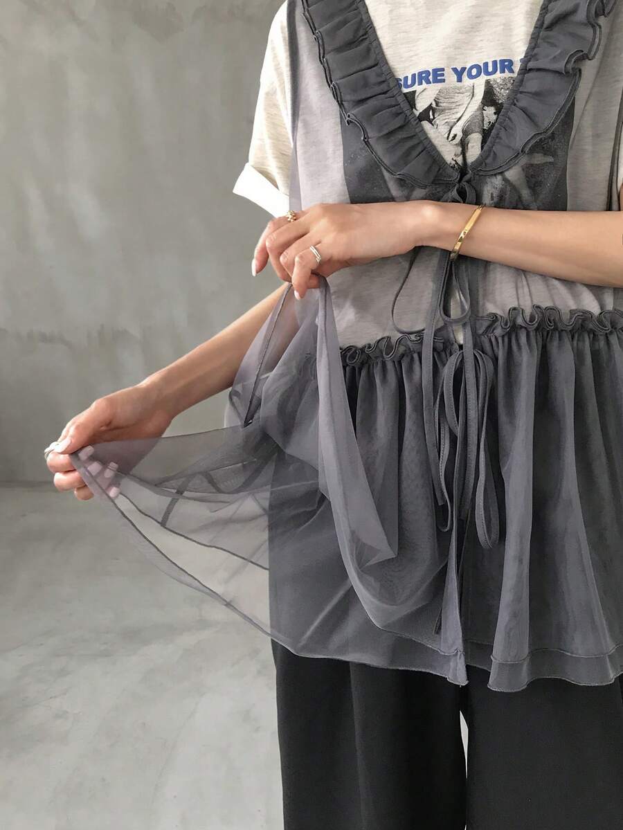 FRIFUL 女士夏季休闲纯色透视网纱荷叶边吊带背心 - 灰色 - 查看 1