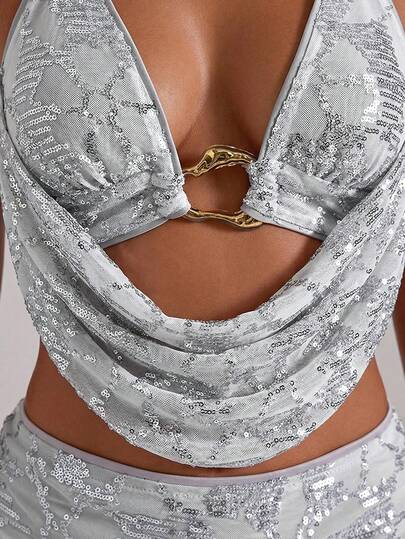 Opulessa Áo hở lưng bất đối xứng đính sequin gợi cảm thời trang nữ