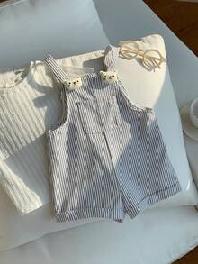 SHEIN Newborn Baby Boy Cute Summer Holiday Striped Cartoon 3D Bear Suspender Romper - Green - View 3