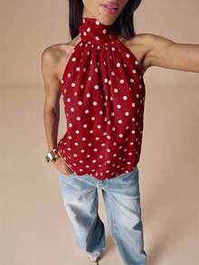 SHEIN BAE Áo croptop hở lưng cổ yếm chấm bi đen trắng gợi cảm, thích hợp cho các lễ hội âm nhạc, kỳ nghỉ. - Đỏ - Xem 4