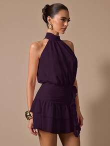 SHEIN BAE Vestido corto sin mangas con volantes en el bajo, de unicolor. Vestido mini elegante, dulce y lindo, adecuado para citas románticas, fiestas, reuniones formales, vestidos de dama de honor, vestidos de verano, vestidos de té, Año Nuevo, Día de San Valentín, vestido de cumpleaños, vestido rosa - Rojo violeta - Ver 4