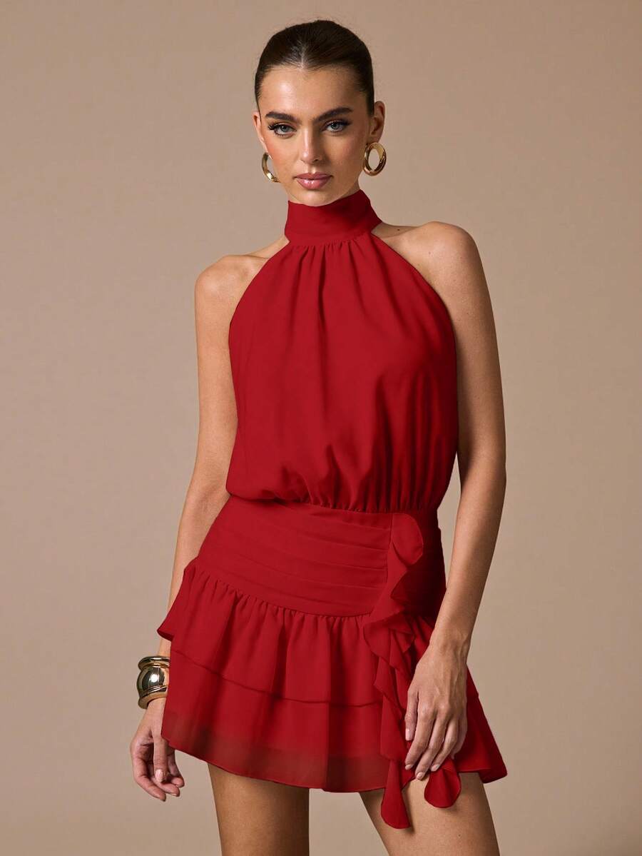 SHEIN BAE Sleeveless Ruffle Hem Fitted Mini Sundress, Elegant Sweet Cute Dress For Romantic Dates, Parties, Weddings, Summer Occasions,Summer Dresses For Women - Red - View 1