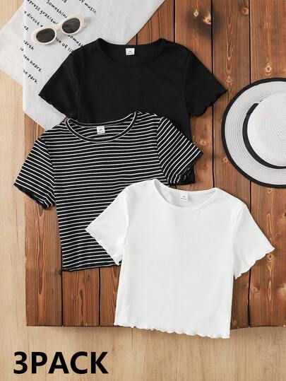 Bộ 3 áo thun ngắn tay cổ tròn viền bèo kẻ sọc cho bé gái tuổi teen, đa năng cho mặc hàng ngày.
