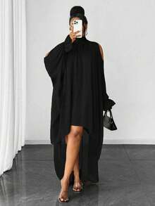 Maweii Vestido elegante de cuello mao de unicolor con bajo asimétrico para tallas grandes - Negro - Ver 6