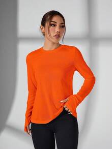 SHEIN Sports 女士时尚圆领露背长袖运动T恤，适合跑步和健身 - 亮橙色 - 查看 2