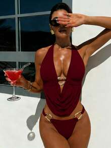 Bonvoyette Bộ đồ bơi hai mảnh dành cho nữ, gồm áo cổ chữ V sâu màu đen và quần bikini cạp cao màu trơn, thích hợp cho kỳ nghỉ hè. - Màu Đỏ Sâu - Xem 3