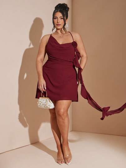 SHEIN BAE Plus Size Women's Wine Red Dress With 3D Floral Decor Spaghetti Strap,Women Mini Dress In Burgundy With Draped Cowl Neck And Ruffle Trim Detail
Elegant Burgundy Mini Dress For Women Featuring Draped Neckline And Floral Ruffle Accent
Chic Women's Burgundy Mini Dress With Draped Neck And Flowy Ruffled Side Detail