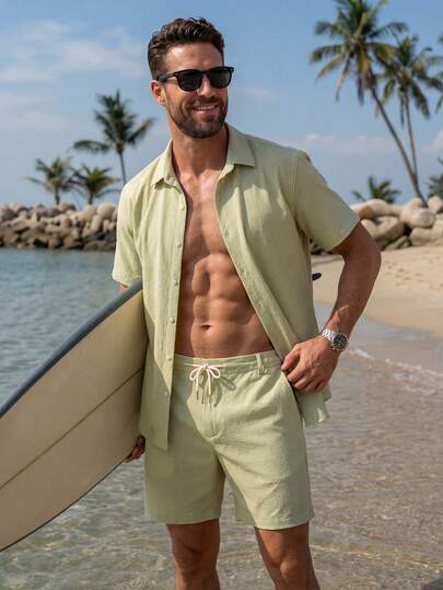 VENTUSAIL Bộ áo sơ mi và quần short nam màu trơn, kiểu dáng thường ngày.