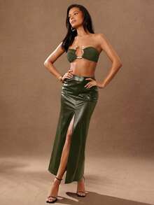 Hauture Camiseta corta de mujer de unicolor con diseño metálico y calado, sexy - Verde militar - Ver 5