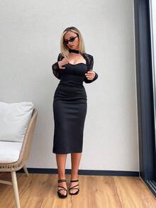 Jeta Ari Women's Sexy & Elegant Black Lace Patchwork Long Sleeve Bodycon Dress, Tight Fitted Bodice Design, Stretchy Knit Fabric Hugs Body To Accentuate Figure, Suitable For Dates, Gatherings, Parties, Daily Outings, Shopping, Clubs, Afternoon Tea, Holidays,Valentine's Day,Date Night,New Year's Eve ,Party,Spring To Summer, - Black - View 4