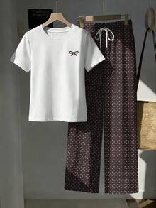 SHEIN EZwear 两件套休闲复古优雅通勤百搭波点领结套装，舒适居家服，度假装，女士夏季服装 - 圆领短袖上衣和条纹印花裤 - 彩色 - 查看 6