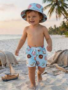 Toddler Boys' Swimwear, Cute Donut Print Velvet Beach Shorts And Sun Hat, Summer Holiday - Multicolor - View 1