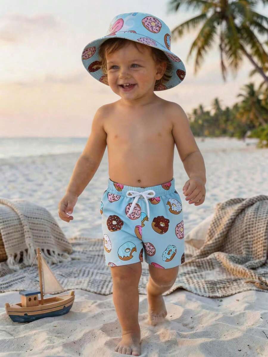 Toddler Boys' Swimwear, Cute Donut Print Velvet Beach Shorts And Sun Hat, Summer Holiday - Multicolor - View 1