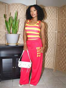 Steph T Bộ đồ hai mảnh kẻ sọc phong cách Y2K dành cho nữ, thời trang đường phố mùa xuân/thu. - Đỏ - Xem 5