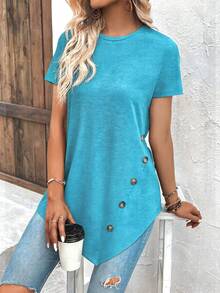 EMERY ROSE Women's Casual Solid Color Asymmetrical Hem T-Shirt, Summer - Blue - View 3
