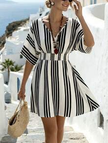 SHEIN Holidaya Shirred Waist Tie Loose Striped Women's Short Dress For Vacation - Black and White - View 5