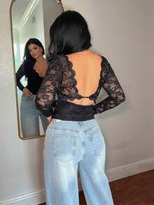 Dayanna Comas Blouse à manches longues en dentelle blanche sexy dos nu, automne/hiver. Top dos nu sexy, Top d'automne, sous-vêtement dos nu, Top de survêtement, vêtements pour femmes en automne, vieux argent, top minimaliste sexy pour femmes, convient pour les fêtes, les cocktails, les occasions formelles, les anniversaires - Noir - Voir 2