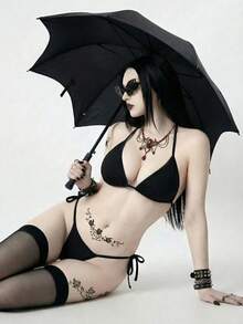 Goth Women's Elegant Beach Vacation Sexy Rhinestone Metal Criss-Cross Mesh Splice Halter Backless Tie-Back 3-Piece Bikini Set Set, Suitable For Spring, Summer, Autumn - Black - View 4