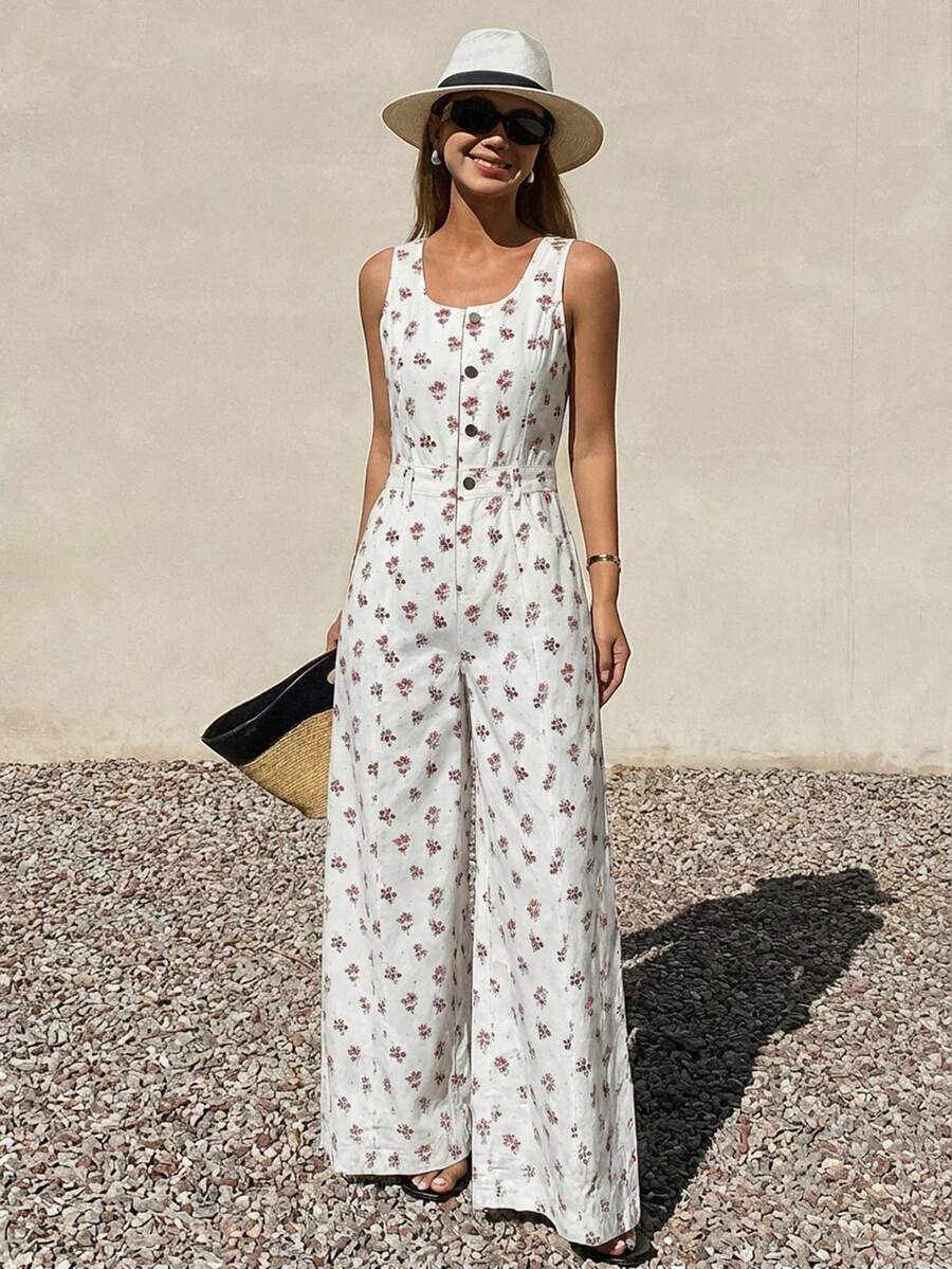 Bộ jumpsuit denim nữ không tay, dây đeo có thể điều chỉnh, dáng rộng, ống thẳng, phong cách thường ngày. - trắng - Xem 1