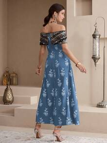 Al Najma 女士刺绣缎带优雅露肩阿拉伯连衣裙 - 藍色 - 查看 3