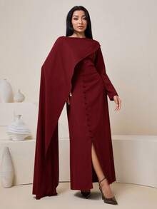 Women's Solid Color Round Neck Ribbon Design Button Elegant Dress Burgundy Dress For Women Long Sleeve Long Dress - Burgundy - View 8