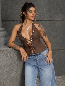 Rayane Ketlyn 女士时尚性感交叉露背吊带上衣 - 棕色 - 查看 1