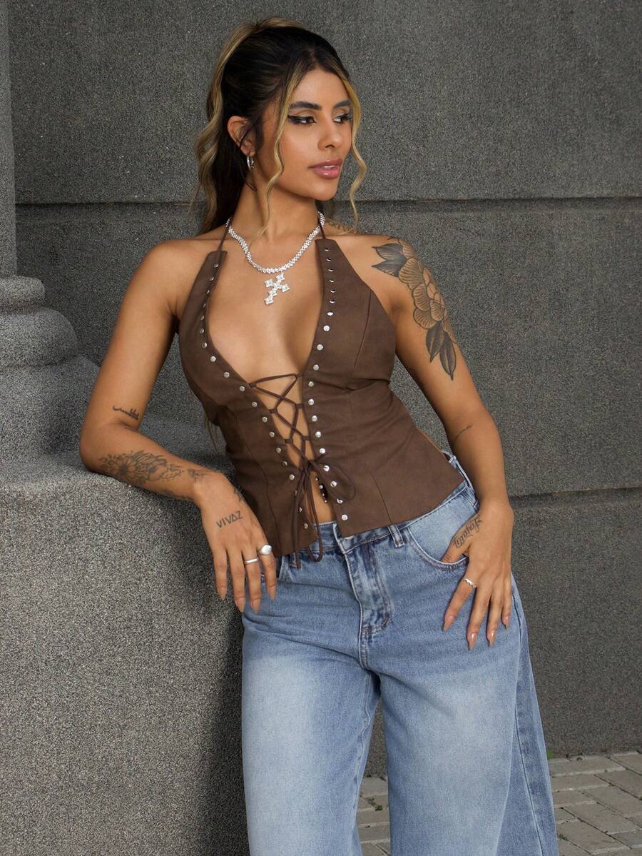 Rayane Ketlyn 女士时尚性感交叉露背吊带上衣 - 棕色 - 查看 1