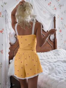 CottageSlumber Women's Pink Heart & Ribbed Lace Silk Camisole Shorts Pajama Set - Yellow - View 2