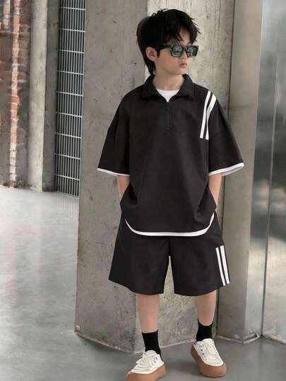 两件套男童短袖衬衫短裤套装，梭织面料，适合上学、休闲、运动、度假、派对、春夏穿着。